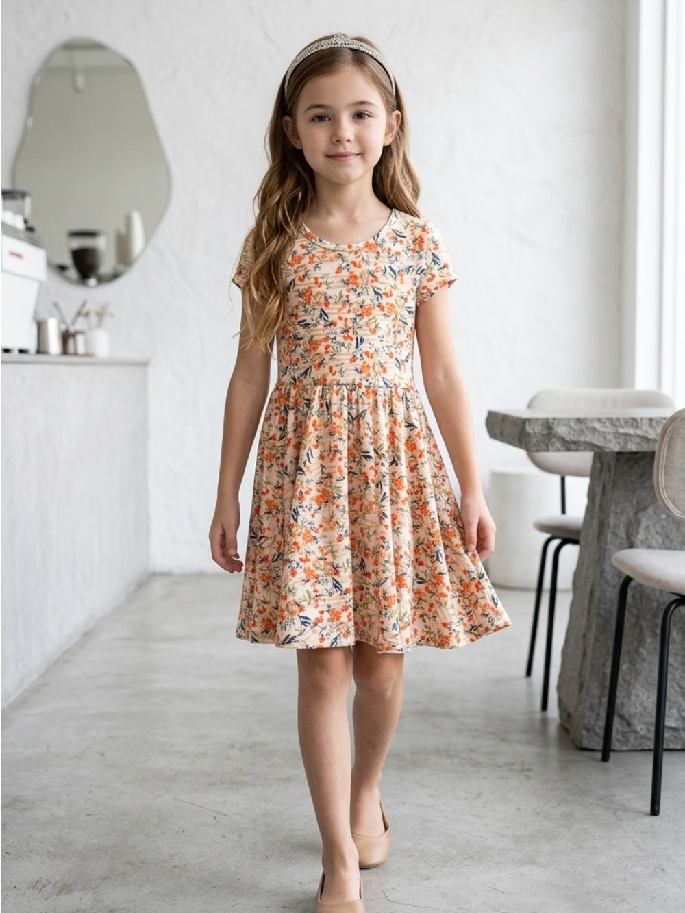 NWT Dot Dot Smile Girls Cream Red Floral Cap Sleeve Drop Waist Twirl Dress - 3/4